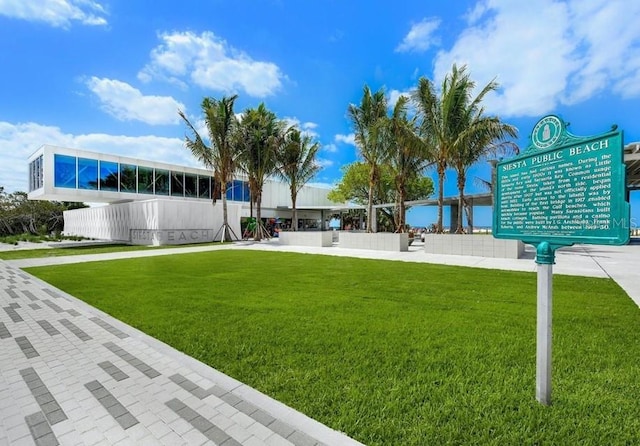 view of property's community with a water view and a yard