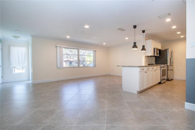 kitchen with light stone counters, decorative light fixtures, appliances with stainless steel finishes, open floor plan, and white cabinets