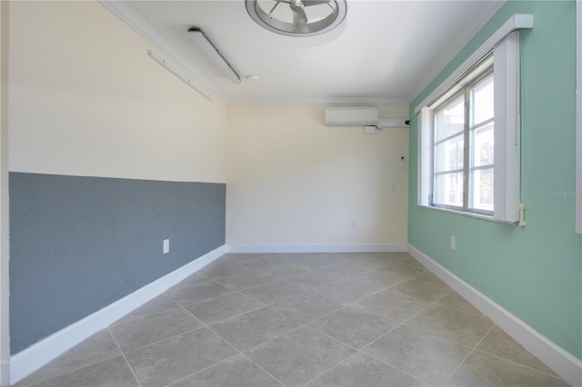 spare room featuring baseboards, light tile patterned floors, a wall mounted air conditioner, and crown molding