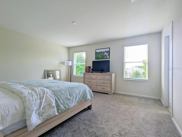 bedroom with light colored carpet