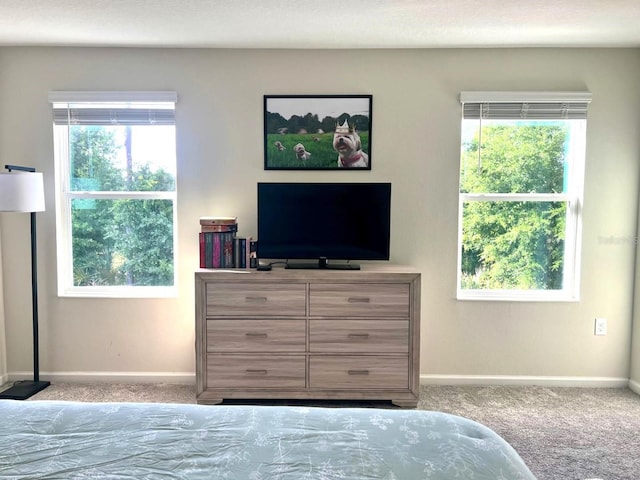 bedroom featuring light carpet