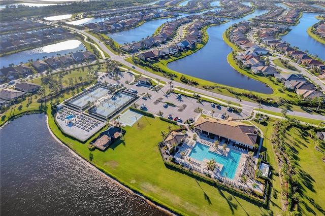 drone / aerial view featuring a water view