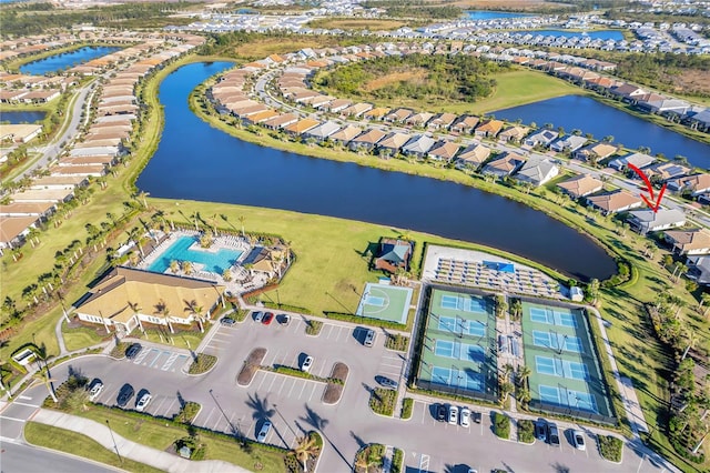 aerial view featuring a water view