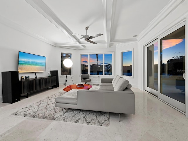 living room featuring ceiling fan, crown molding, beamed ceiling, and coffered ceiling