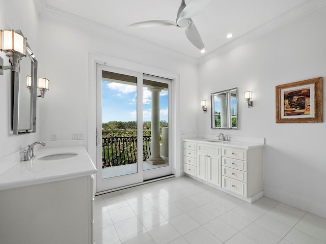 bathroom featuring tile patterned floors, vanity, ceiling fan, and ornamental molding