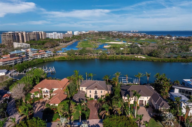 aerial view featuring a water view