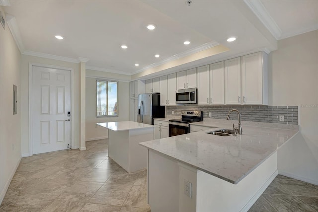 kitchen featuring kitchen peninsula, sink, white cabinets, and stainless steel appliances