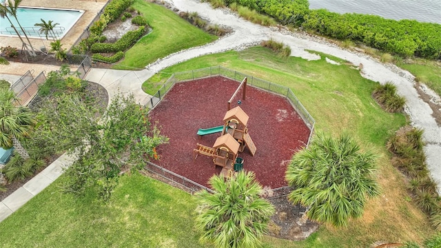 birds eye view of property featuring a water view