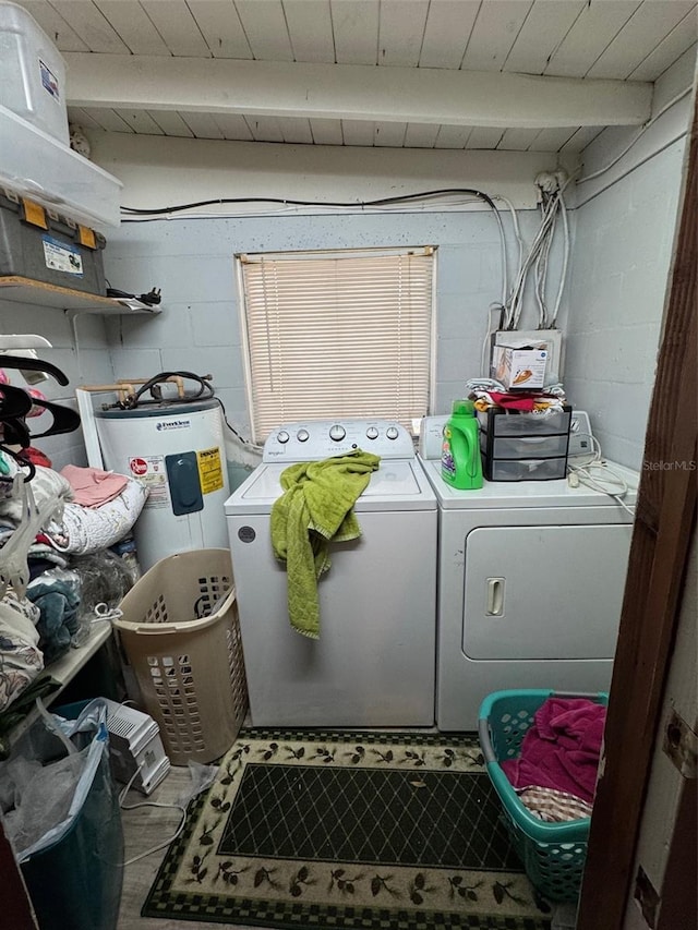 laundry area featuring independent washer and dryer, electric water heater, and wood ceiling