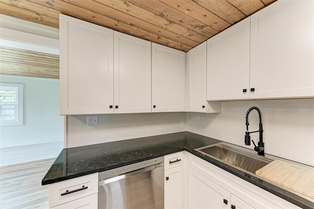 kitchen featuring white cabinets, dishwasher, light hardwood / wood-style floors, and wooden ceiling