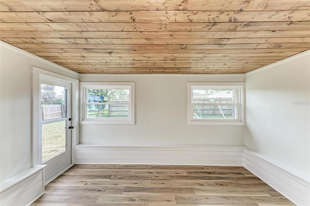 interior space featuring light hardwood / wood-style floors, wood ceiling, and a healthy amount of sunlight