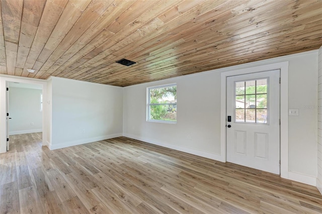 foyer featuring light wood-type flooring and wooden ceiling