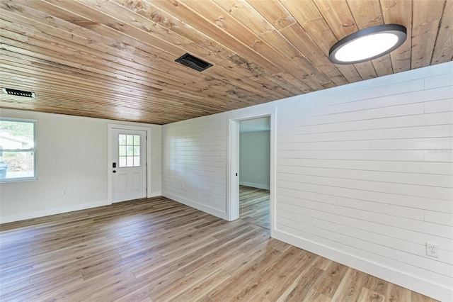 unfurnished room featuring wooden ceiling, wooden walls, and light hardwood / wood-style flooring