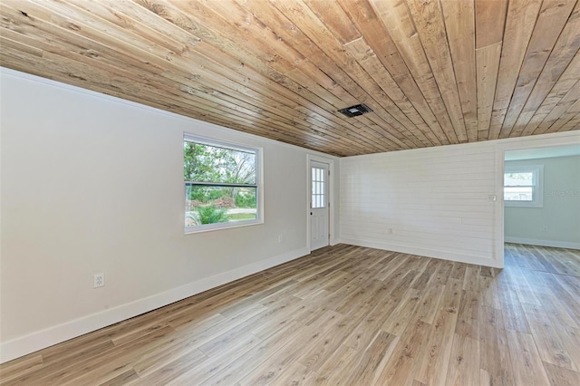 empty room featuring wood ceiling, brick wall, and light hardwood / wood-style flooring