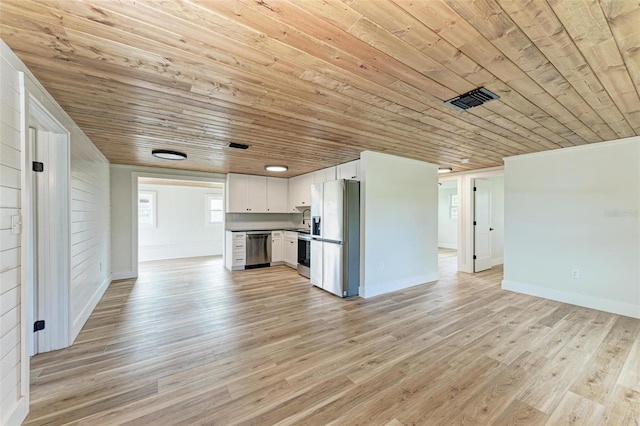 kitchen with stainless steel appliances, white cabinets, wooden ceiling, and light hardwood / wood-style floors