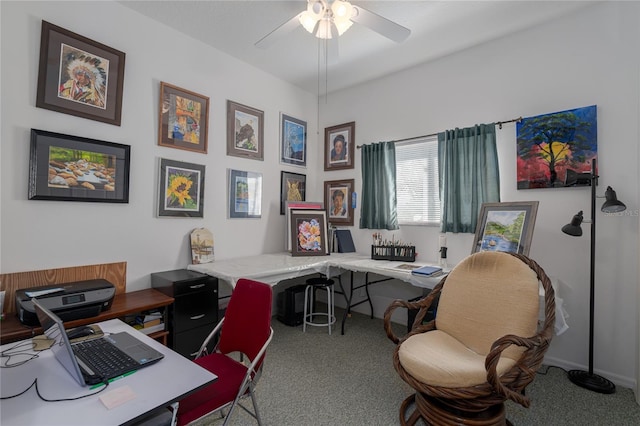 office area with carpet flooring and ceiling fan