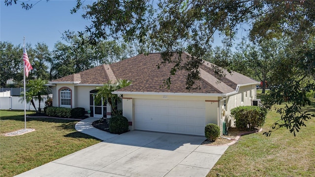 4569 35th Avenue Cir E, Palmetto, FL 34221 - view of front of house with stucco siding, an attached garage, driveway, a front lawn, and roof with shingles