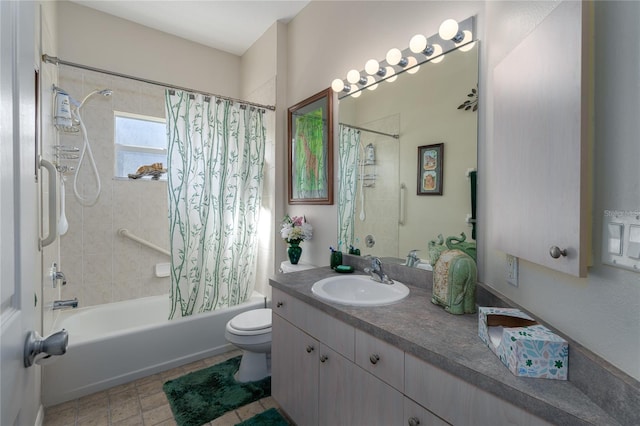 full bathroom with vanity, toilet, and shower / bathtub combination with curtain