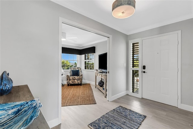 foyer entrance featuring crown molding and light hardwood / wood-style floors