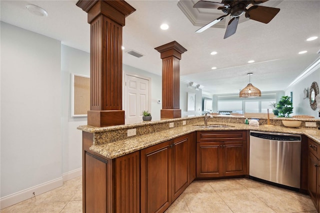 6140 Midnight Pass Rd Unit 407, Sarasota, FL 34242 - kitchen featuring light stone countertops, ornate columns, stainless steel dishwasher, and sink