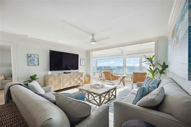 6140 Midnight Pass Rd Unit 407, Sarasota, FL 34242 - living room featuring ceiling fan and crown molding