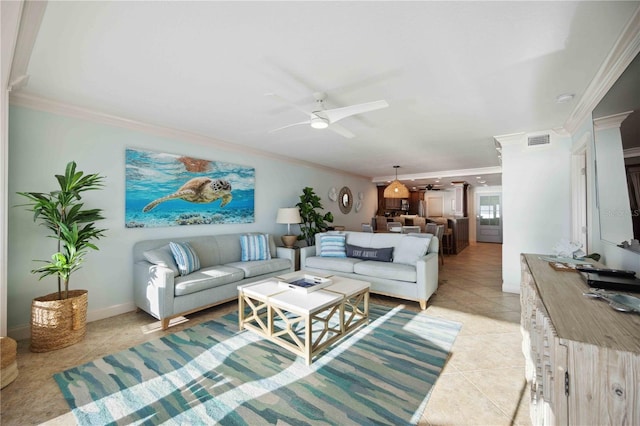 6140 Midnight Pass Rd Unit 407, Sarasota, FL 34242 - tiled living room featuring ceiling fan and ornamental molding