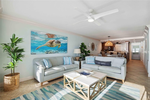 6140 Midnight Pass Rd Unit 407, Sarasota, FL 34242 - living room with light tile patterned flooring, ceiling fan, and ornamental molding