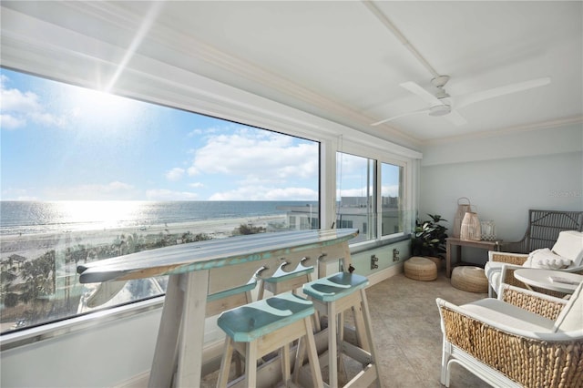 6140 Midnight Pass Rd Unit 407, Sarasota, FL 34242 - sunroom / solarium with a beach view, ceiling fan, and a water view