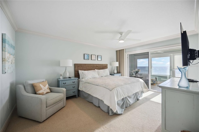 6140 Midnight Pass Rd Unit 407, Sarasota, FL 34242 - bedroom with ceiling fan, access to exterior, light colored carpet, and crown molding