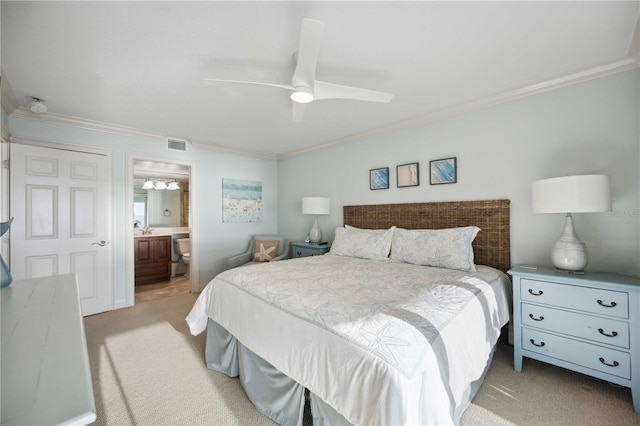 6140 Midnight Pass Rd Unit 407, Sarasota, FL 34242 - carpeted bedroom with ceiling fan, crown molding, and ensuite bath