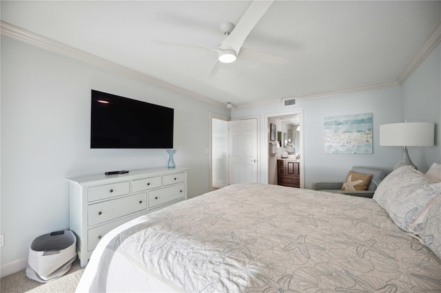 6140 Midnight Pass Rd Unit 407, Sarasota, FL 34242 - bedroom featuring ceiling fan, crown molding, and ensuite bath