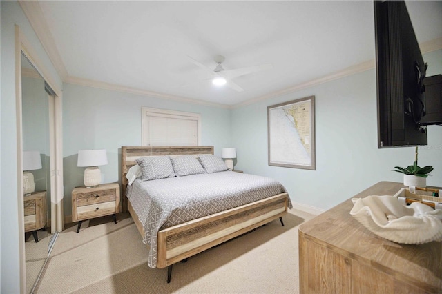 6140 Midnight Pass Rd Unit 407, Sarasota, FL 34242 - bedroom featuring light carpet, ceiling fan, and ornamental molding