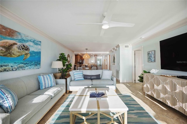 6140 Midnight Pass Rd Unit 407, Sarasota, FL 34242 - living room featuring ceiling fan, light carpet, and ornamental molding