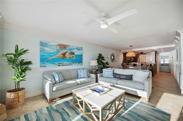 6140 Midnight Pass Rd Unit 407, Sarasota, FL 34242 - living room featuring ceiling fan, ornamental molding, and light tile patterned flooring
