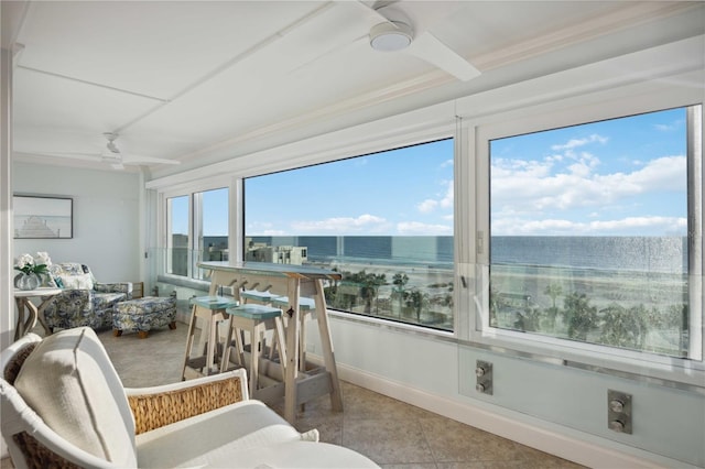 6140 Midnight Pass Rd Unit 407, Sarasota, FL 34242 - sunroom / solarium with ceiling fan, a water view, and plenty of natural light
