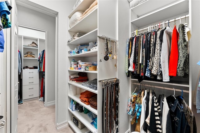 walk in closet with light carpet