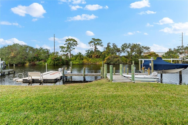 view of dock with a yard and a water view