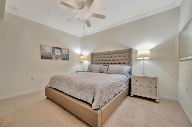 bedroom featuring light colored carpet, ceiling fan, and ornamental molding