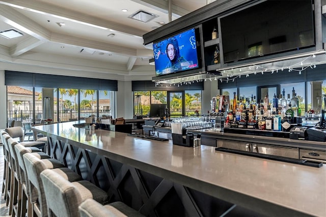 bar featuring beam ceiling