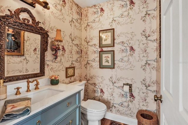 bathroom featuring vanity, hardwood / wood-style flooring, and toilet