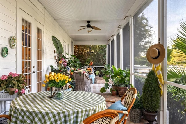 sunroom with french doors and ceiling fan