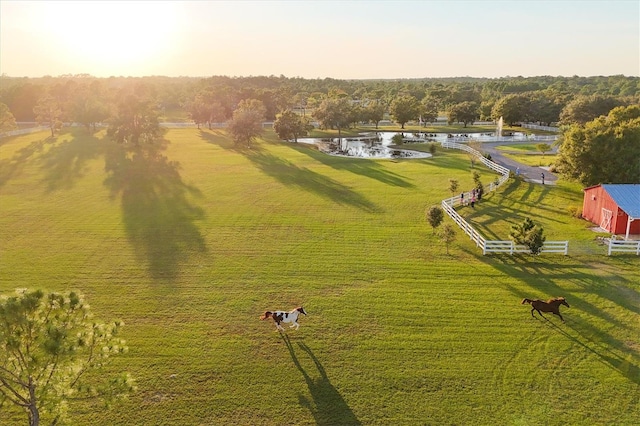 birds eye view of property featuring a rural view and a water view