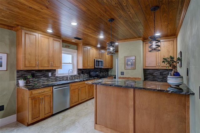 kitchen featuring hanging light fixtures, kitchen peninsula, decorative backsplash, wood ceiling, and appliances with stainless steel finishes