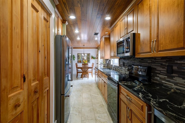 kitchen featuring sink, wooden ceiling, dark stone countertops, pendant lighting, and appliances with stainless steel finishes