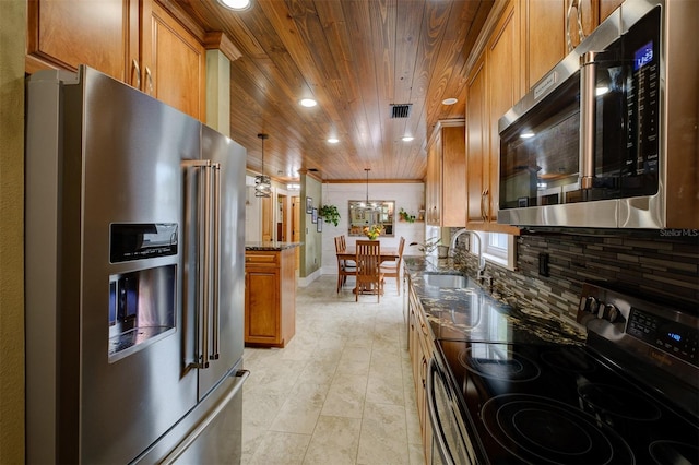 kitchen with dark stone counters, sink, hanging light fixtures, wood ceiling, and stainless steel appliances