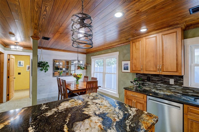 kitchen featuring ornamental molding, wooden ceiling, dark stone countertops, dishwasher, and hanging light fixtures