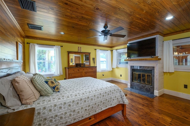 bedroom with hardwood / wood-style floors, wood ceiling, multiple windows, and ceiling fan