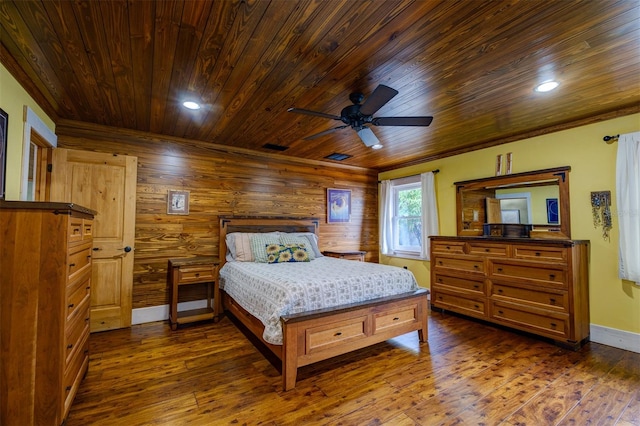 bedroom with ceiling fan, wooden walls, wood ceiling, and dark hardwood / wood-style floors