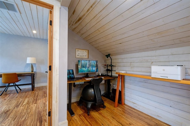 office area featuring wood ceiling, light hardwood / wood-style flooring, and vaulted ceiling