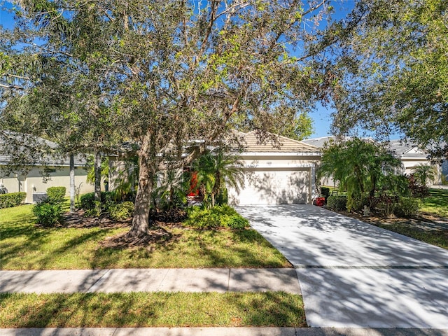 view of property hidden behind natural elements featuring a front lawn and a garage